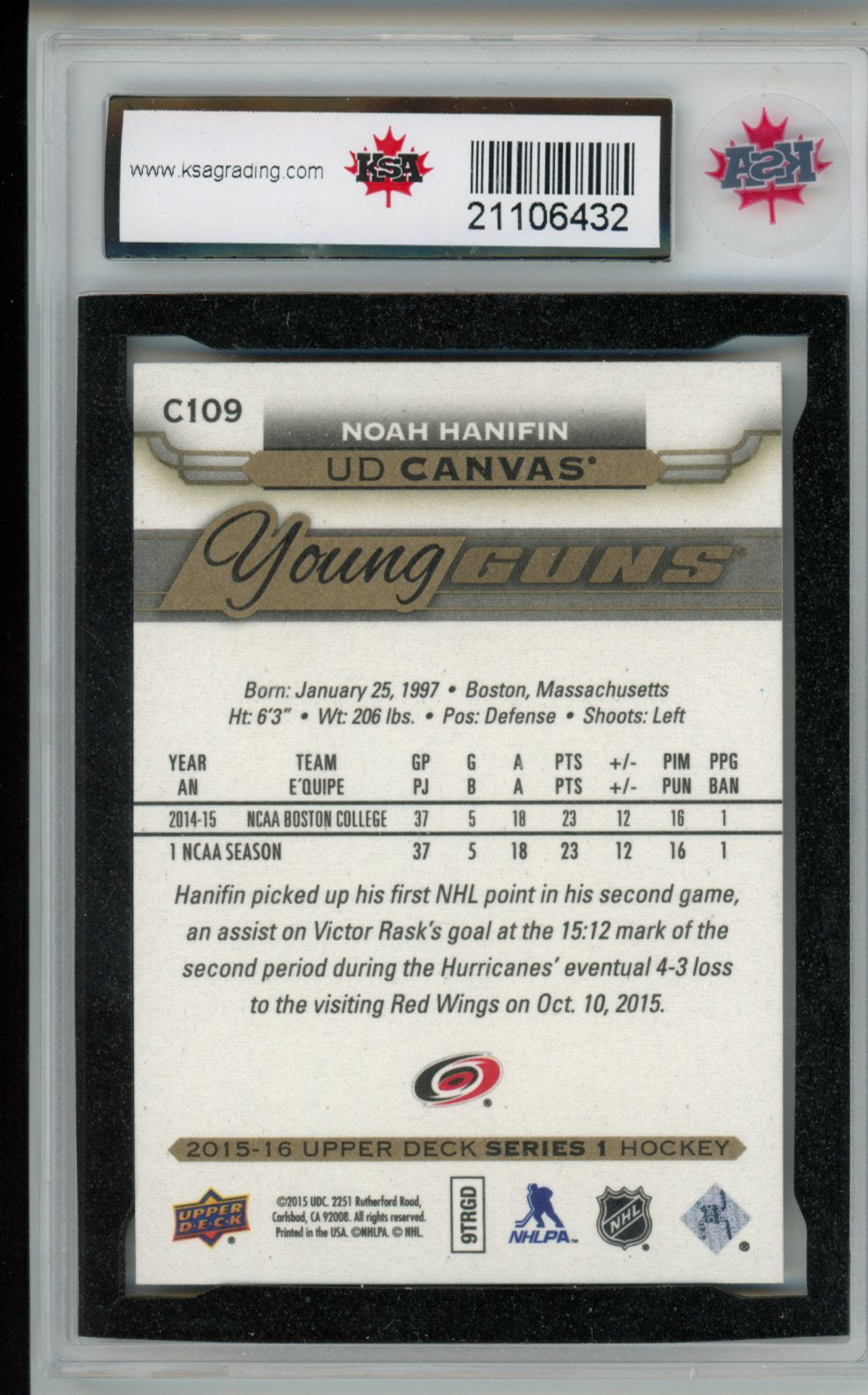 2015-16 Upper Deck Noah Hanifin #C109 Young Guns Canvas KSA 9.5